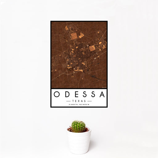 12x18 Odessa Texas Map Print Portrait Orientation in Ember Style With Small Cactus Plant in White Planter