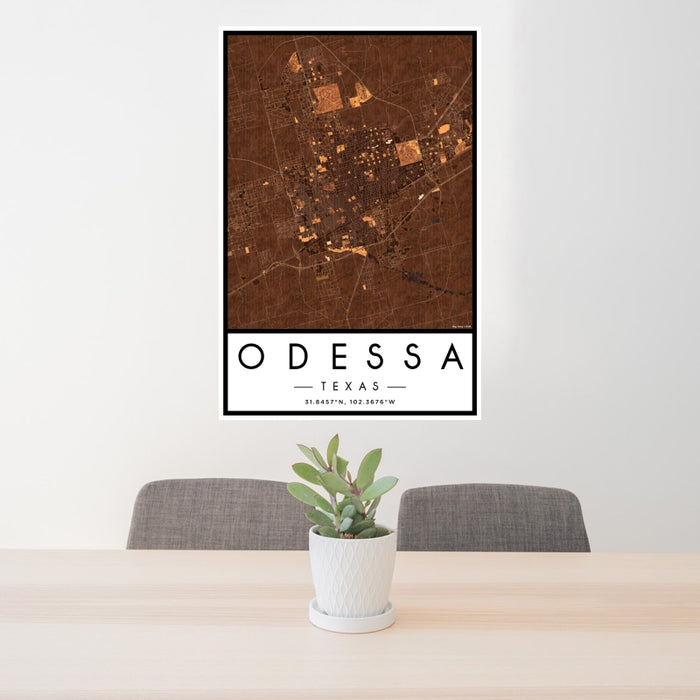 24x36 Odessa Texas Map Print Portrait Orientation in Ember Style Behind 2 Chairs Table and Potted Plant