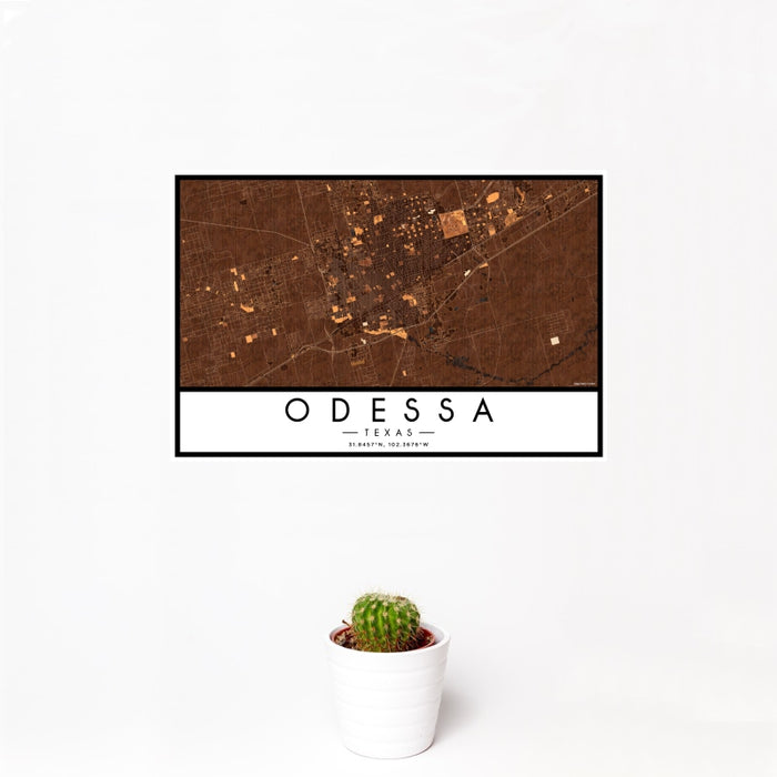 12x18 Odessa Texas Map Print Landscape Orientation in Ember Style With Small Cactus Plant in White Planter