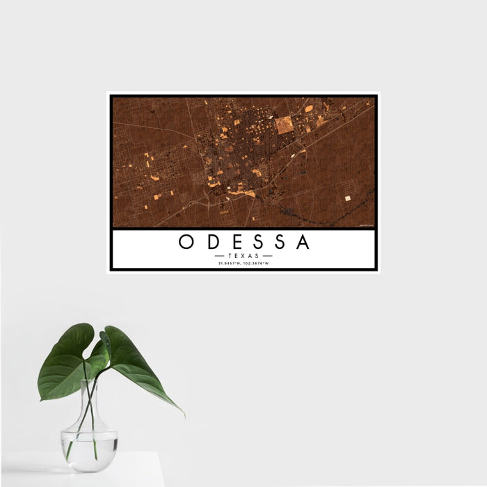 16x24 Odessa Texas Map Print Landscape Orientation in Ember Style With Tropical Plant Leaves in Water