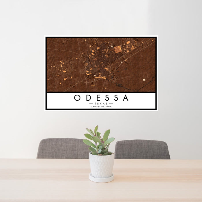 24x36 Odessa Texas Map Print Landscape Orientation in Ember Style Behind 2 Chairs Table and Potted Plant