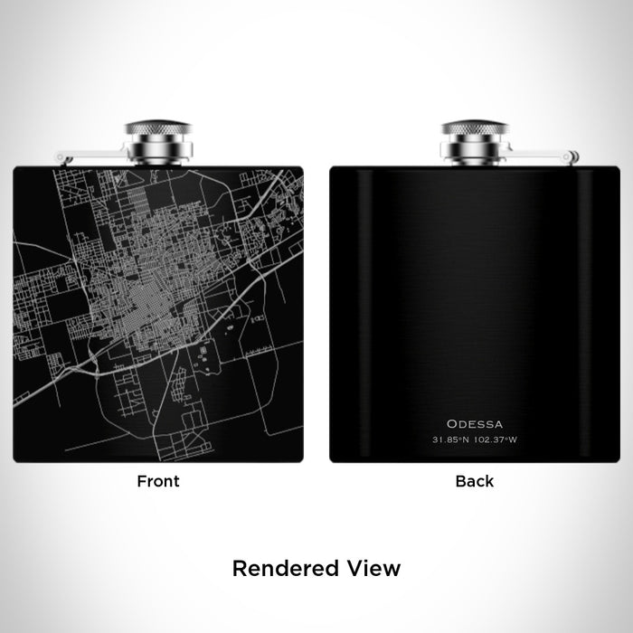 Rendered View of Odessa Texas Map Engraving on 6oz Stainless Steel Flask in Black