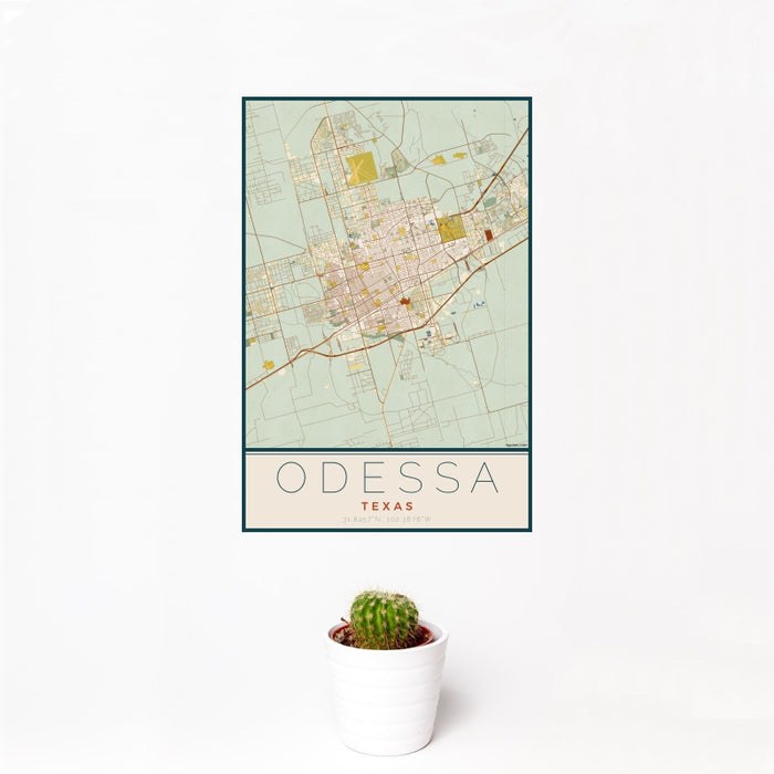12x18 Odessa Texas Map Print Portrait Orientation in Woodblock Style With Small Cactus Plant in White Planter