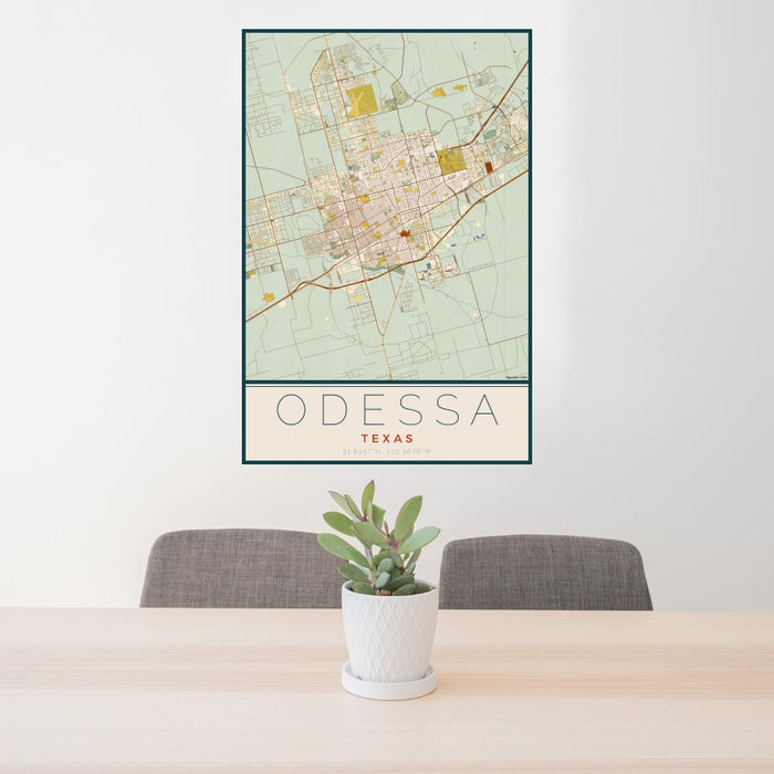 24x36 Odessa Texas Map Print Portrait Orientation in Woodblock Style Behind 2 Chairs Table and Potted Plant