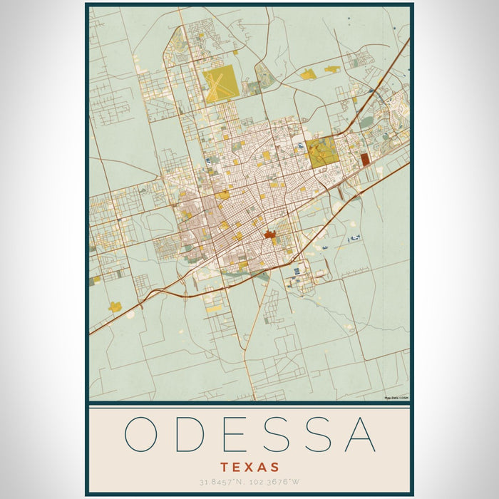 Odessa Texas Map Print Portrait Orientation in Woodblock Style With Shaded Background