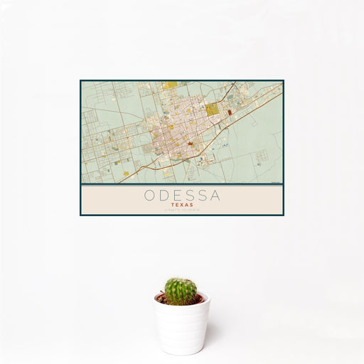 12x18 Odessa Texas Map Print Landscape Orientation in Woodblock Style With Small Cactus Plant in White Planter