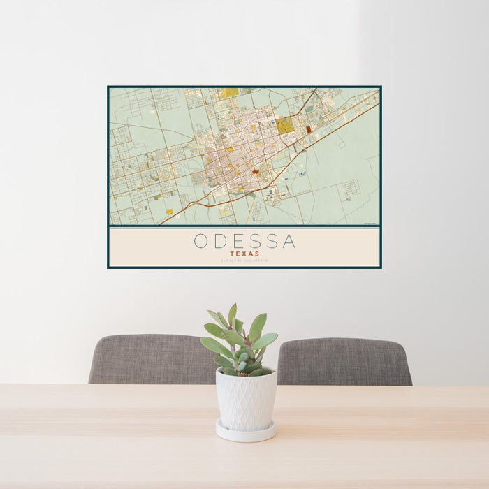 24x36 Odessa Texas Map Print Landscape Orientation in Woodblock Style Behind 2 Chairs Table and Potted Plant