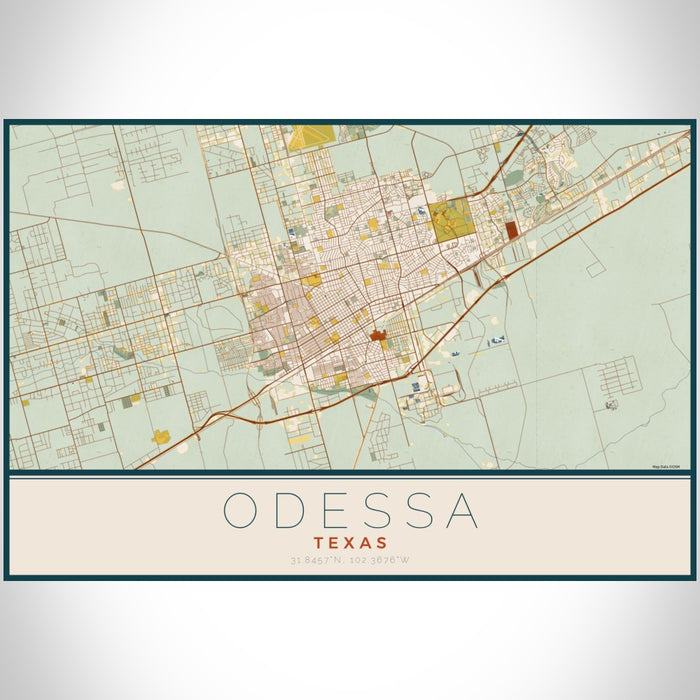 Odessa Texas Map Print Landscape Orientation in Woodblock Style With Shaded Background