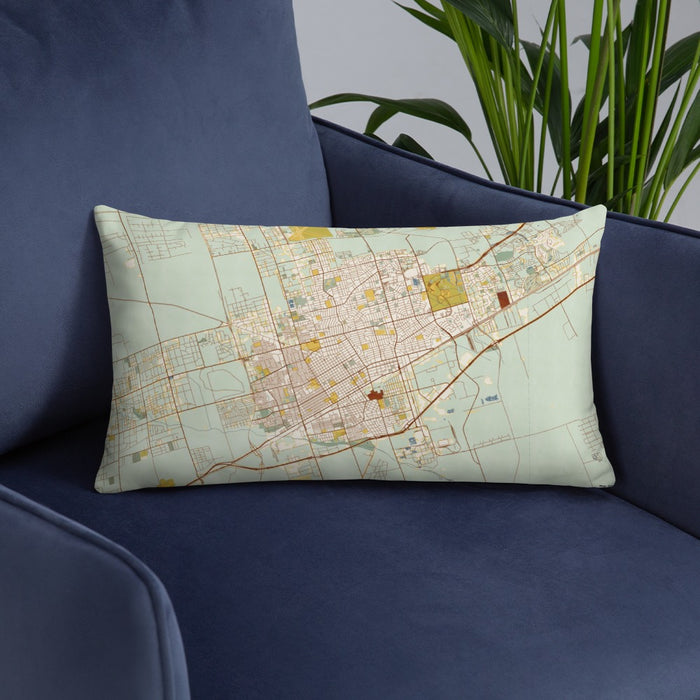 Custom Odessa Texas Map Throw Pillow in Woodblock on Blue Colored Chair
