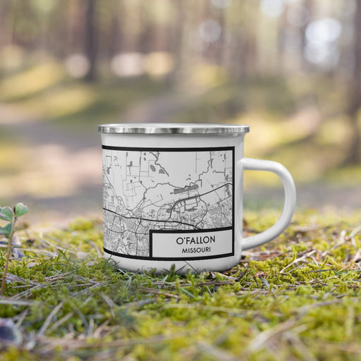 Right View Custom O'Fallon Missouri Map Enamel Mug in Classic on Grass With Trees in Background