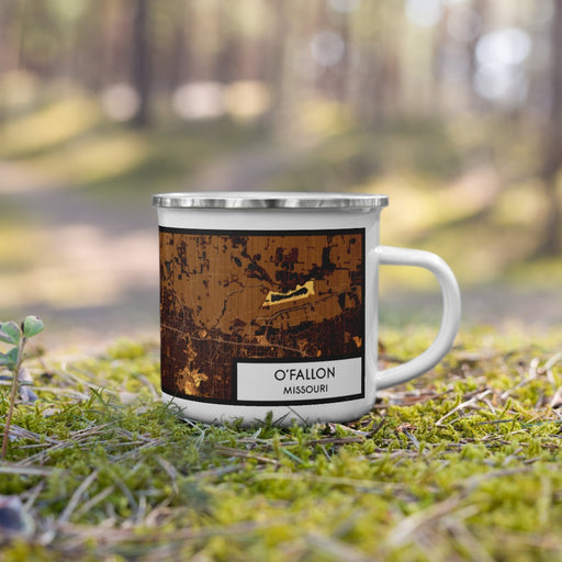 Right View Custom O'Fallon Missouri Map Enamel Mug in Ember on Grass With Trees in Background