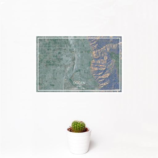 12x18 Ogden Utah Map Print Landscape Orientation in Afternoon Style With Small Cactus Plant in White Planter