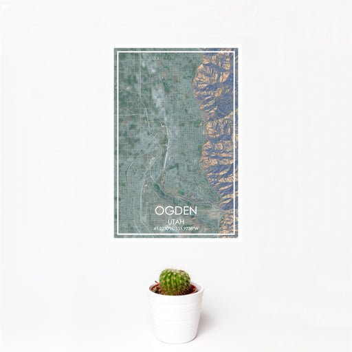 12x18 Ogden Utah Map Print Portrait Orientation in Afternoon Style With Small Cactus Plant in White Planter