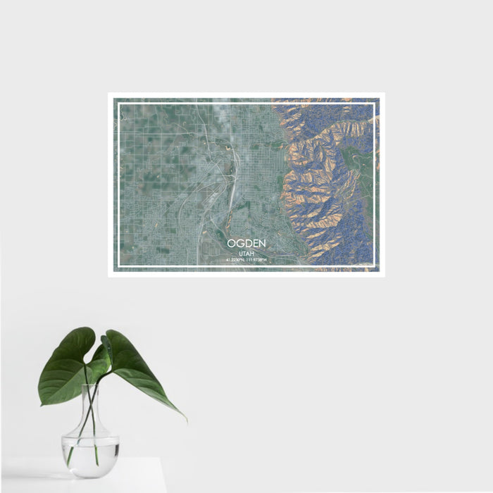 16x24 Ogden Utah Map Print Landscape Orientation in Afternoon Style With Tropical Plant Leaves in Water