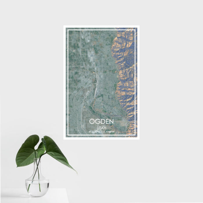 16x24 Ogden Utah Map Print Portrait Orientation in Afternoon Style With Tropical Plant Leaves in Water