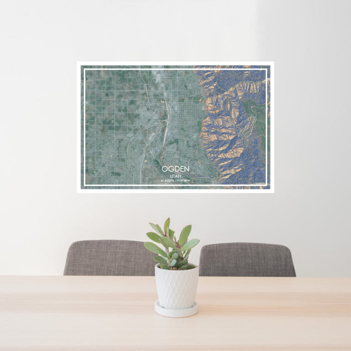24x36 Ogden Utah Map Print Lanscape Orientation in Afternoon Style Behind 2 Chairs Table and Potted Plant