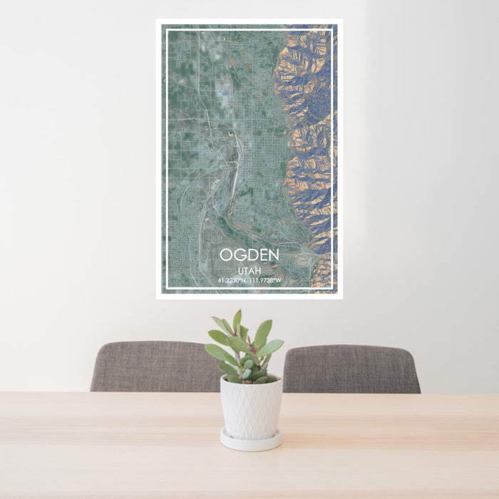 24x36 Ogden Utah Map Print Portrait Orientation in Afternoon Style Behind 2 Chairs Table and Potted Plant