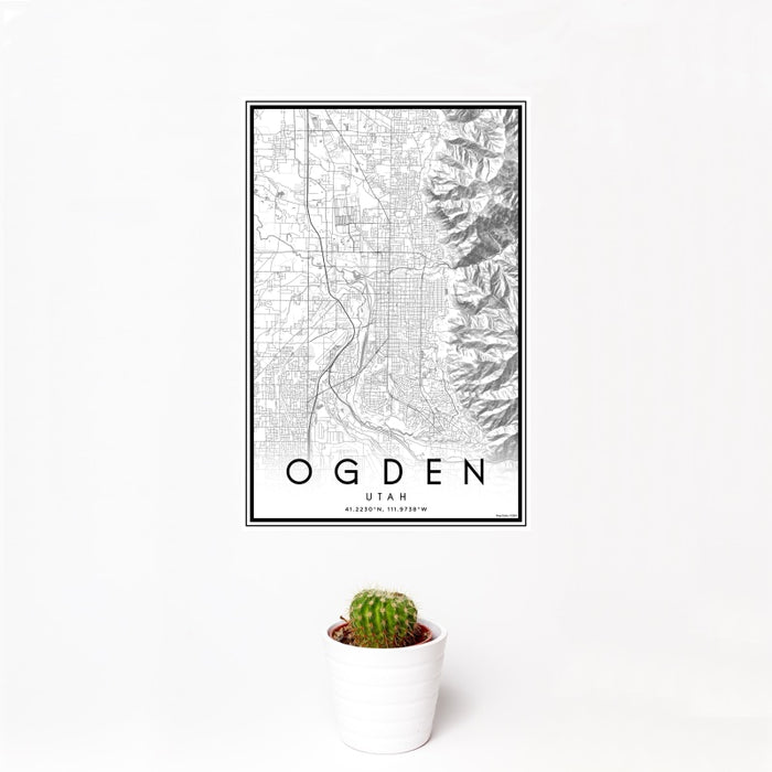 12x18 Ogden Utah Map Print Portrait Orientation in Classic Style With Small Cactus Plant in White Planter