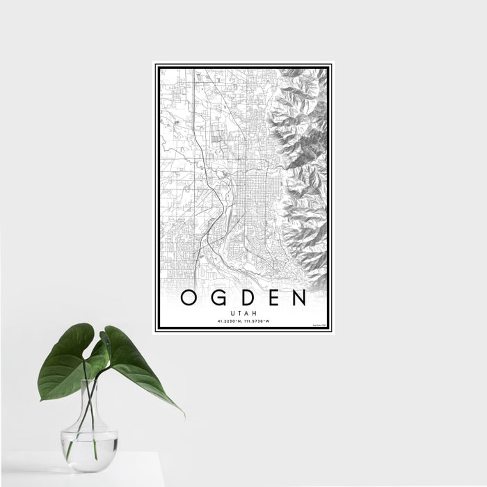 16x24 Ogden Utah Map Print Portrait Orientation in Classic Style With Tropical Plant Leaves in Water