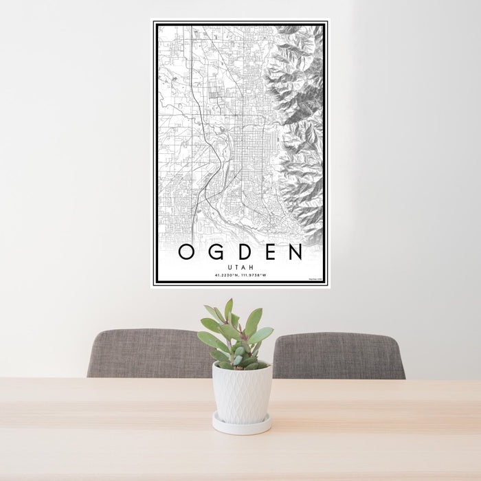24x36 Ogden Utah Map Print Portrait Orientation in Classic Style Behind 2 Chairs Table and Potted Plant