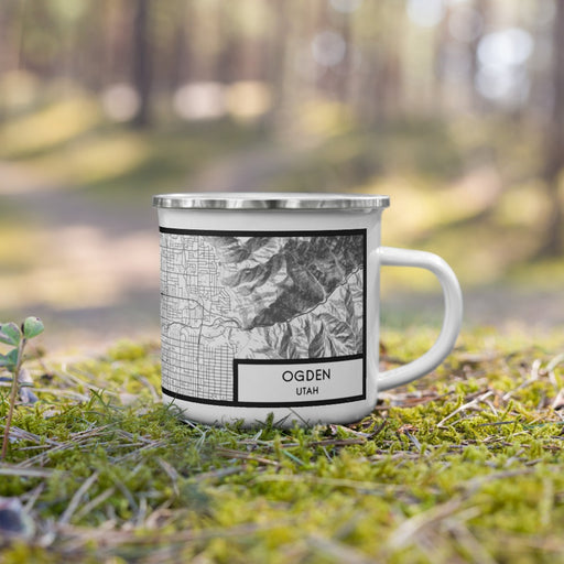 Right View Custom Ogden Utah Map Enamel Mug in Classic on Grass With Trees in Background