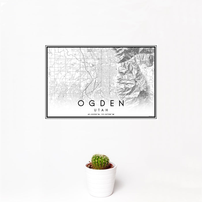 12x18 Ogden Utah Map Print Landscape Orientation in Classic Style With Small Cactus Plant in White Planter