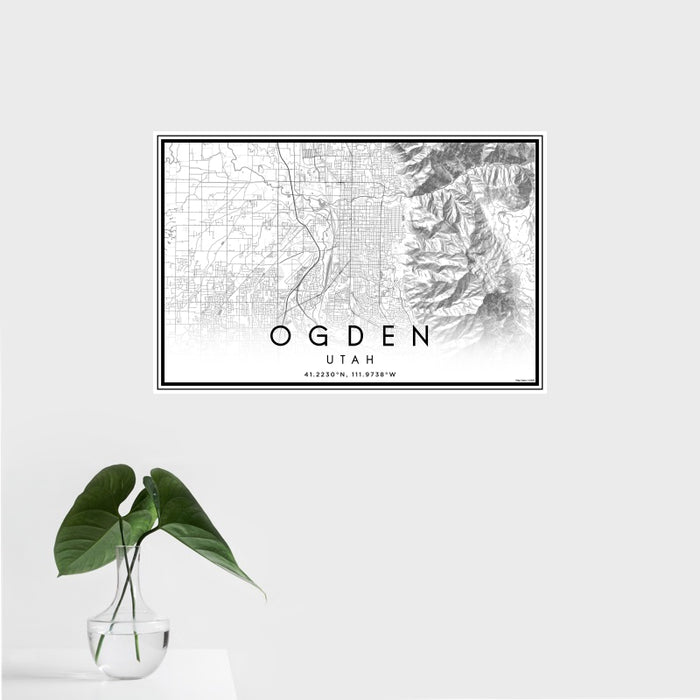 16x24 Ogden Utah Map Print Landscape Orientation in Classic Style With Tropical Plant Leaves in Water