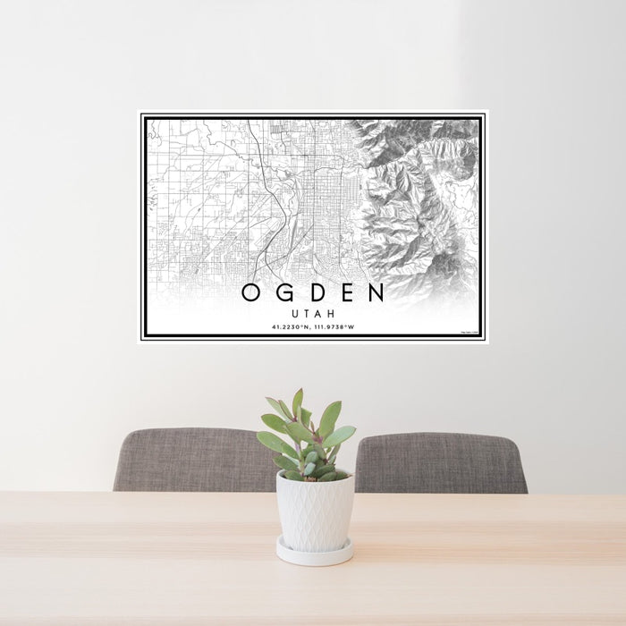24x36 Ogden Utah Map Print Landscape Orientation in Classic Style Behind 2 Chairs Table and Potted Plant