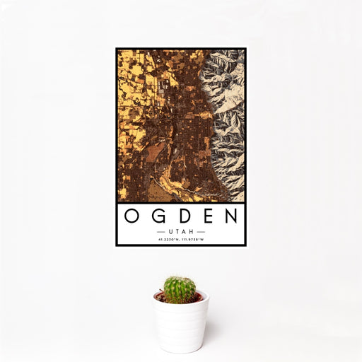 12x18 Ogden Utah Map Print Portrait Orientation in Ember Style With Small Cactus Plant in White Planter