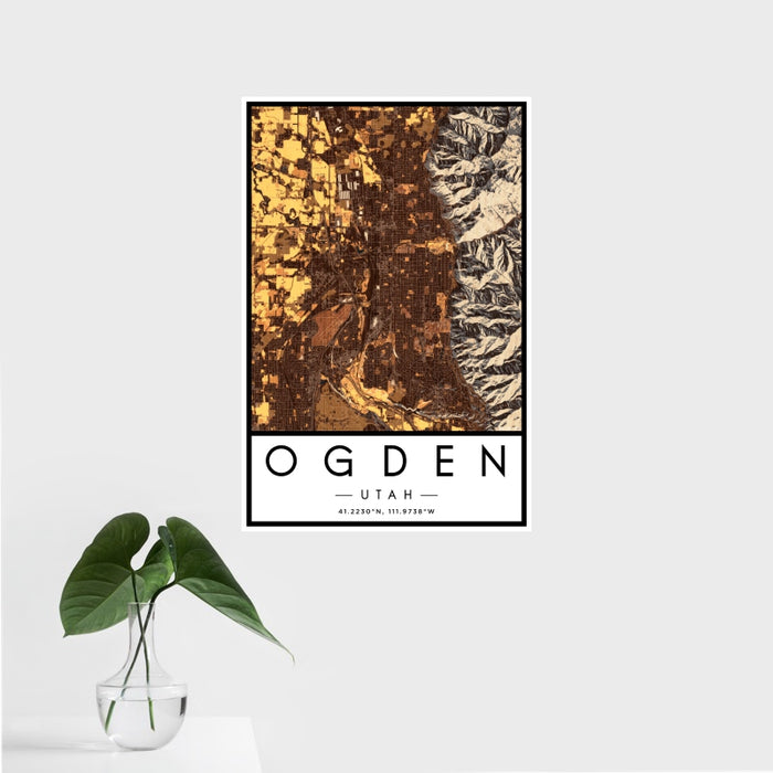 16x24 Ogden Utah Map Print Portrait Orientation in Ember Style With Tropical Plant Leaves in Water