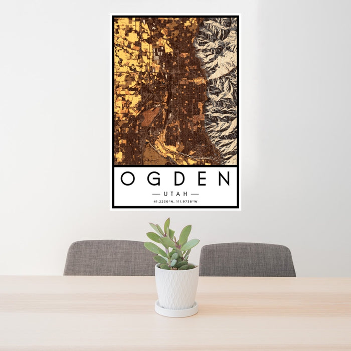 24x36 Ogden Utah Map Print Portrait Orientation in Ember Style Behind 2 Chairs Table and Potted Plant