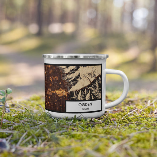 Right View Custom Ogden Utah Map Enamel Mug in Ember on Grass With Trees in Background