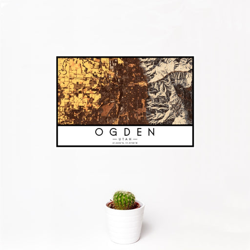 12x18 Ogden Utah Map Print Landscape Orientation in Ember Style With Small Cactus Plant in White Planter