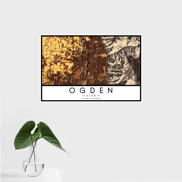 16x24 Ogden Utah Map Print Landscape Orientation in Ember Style With Tropical Plant Leaves in Water