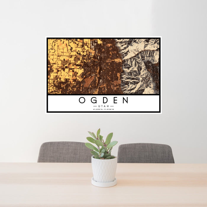 24x36 Ogden Utah Map Print Landscape Orientation in Ember Style Behind 2 Chairs Table and Potted Plant