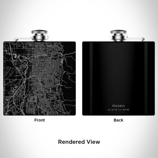 Rendered View of Ogden Utah Map Engraving on 6oz Stainless Steel Flask in Black