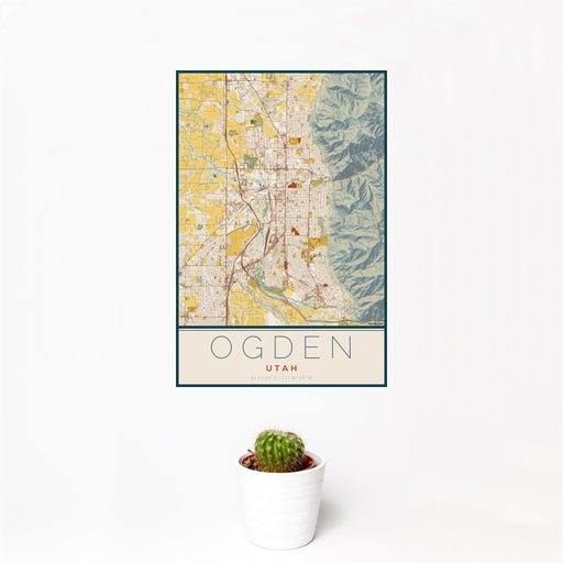 12x18 Ogden Utah Map Print Portrait Orientation in Woodblock Style With Small Cactus Plant in White Planter