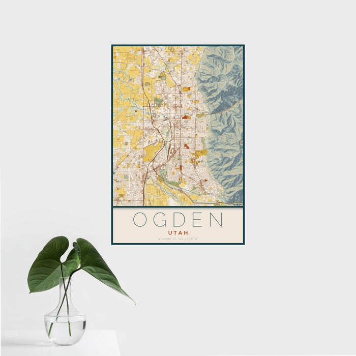 16x24 Ogden Utah Map Print Portrait Orientation in Woodblock Style With Tropical Plant Leaves in Water