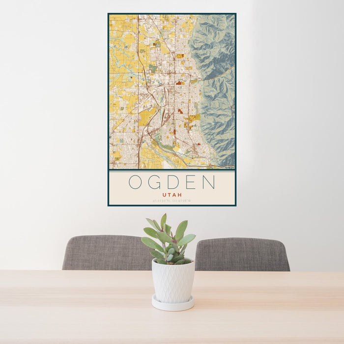 24x36 Ogden Utah Map Print Portrait Orientation in Woodblock Style Behind 2 Chairs Table and Potted Plant