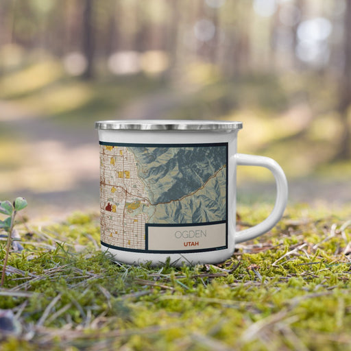 Right View Custom Ogden Utah Map Enamel Mug in Woodblock on Grass With Trees in Background