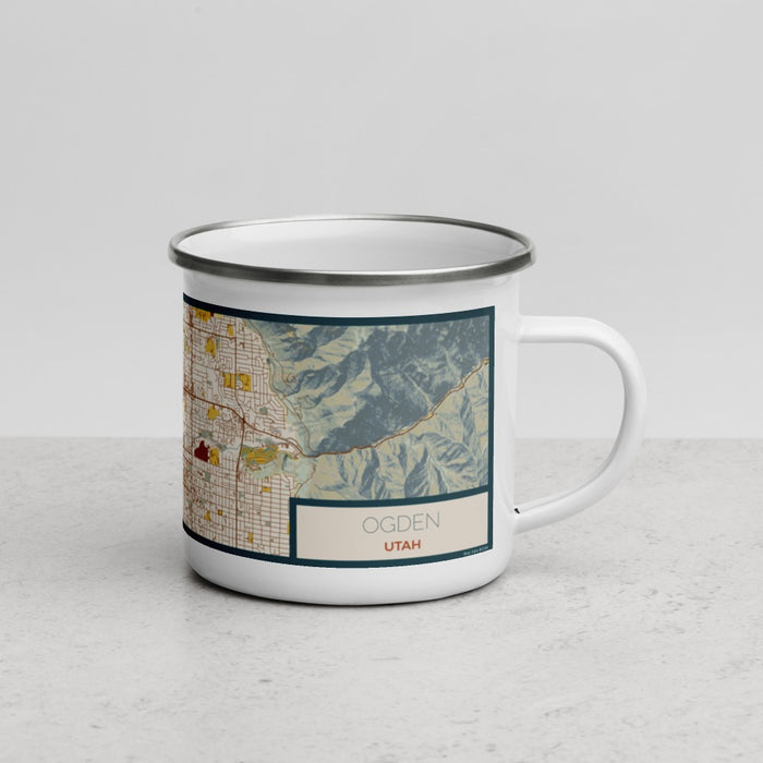 Right View Custom Ogden Utah Map Enamel Mug in Woodblock