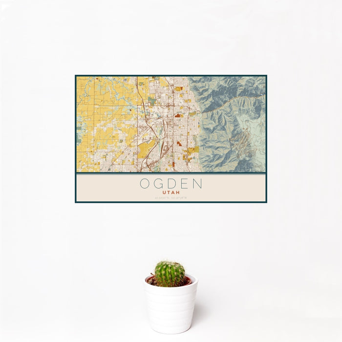 12x18 Ogden Utah Map Print Landscape Orientation in Woodblock Style With Small Cactus Plant in White Planter