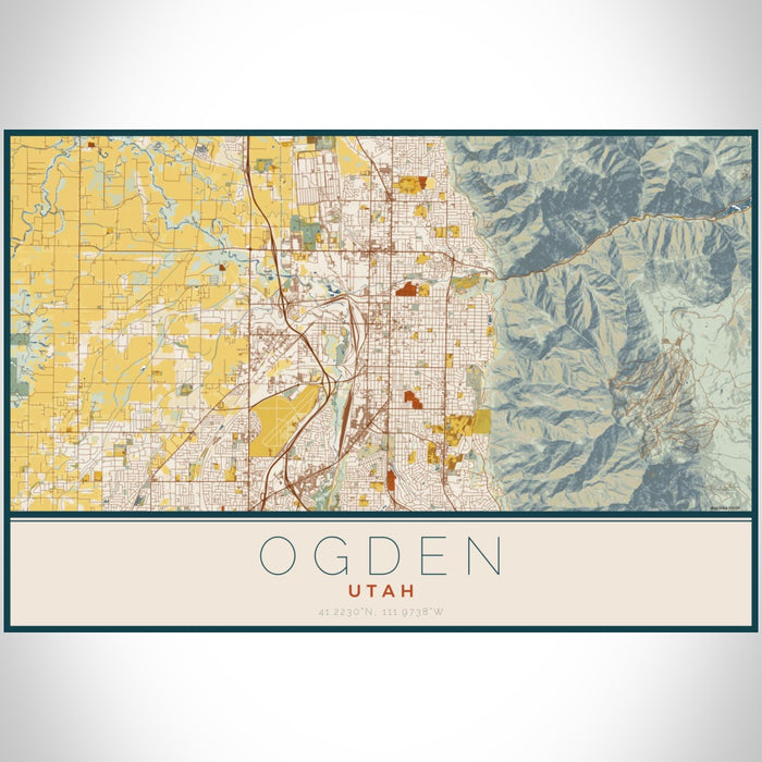 Ogden Utah Map Print Landscape Orientation in Woodblock Style With Shaded Background