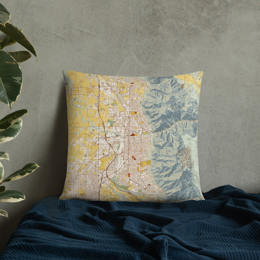 Custom Ogden Utah Map Throw Pillow in Woodblock on Bedding Against Wall