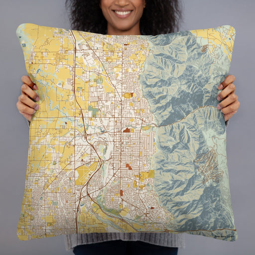 Person holding 22x22 Custom Ogden Utah Map Throw Pillow in Woodblock