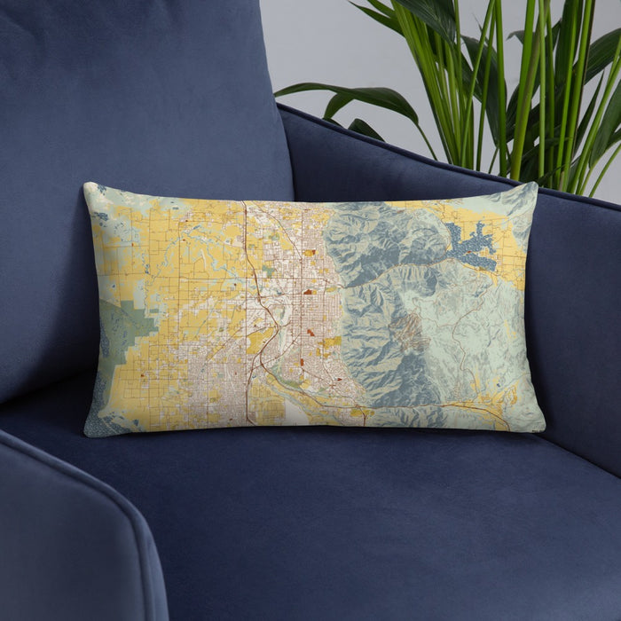 Custom Ogden Utah Map Throw Pillow in Woodblock on Blue Colored Chair