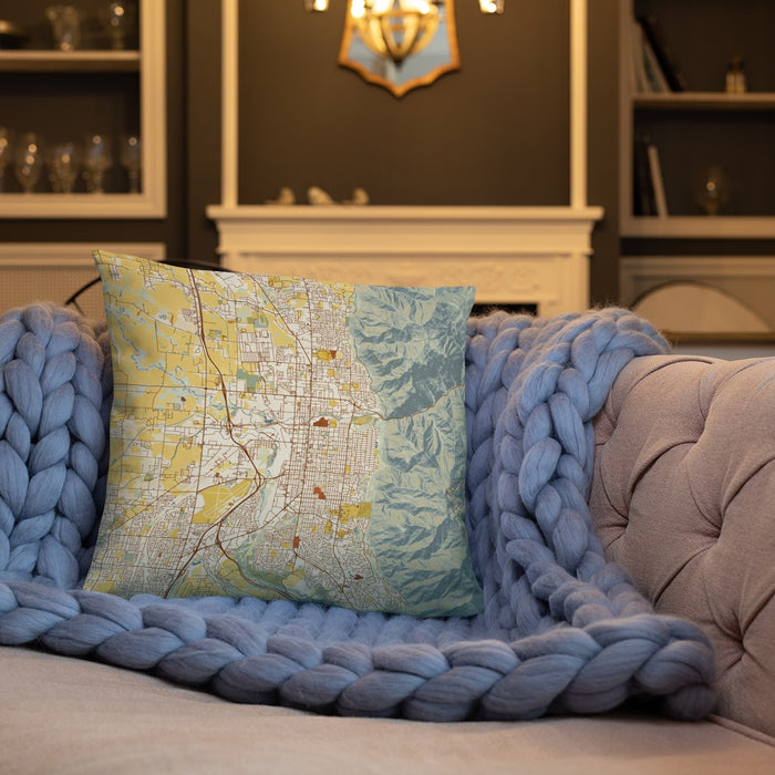Custom Ogden Utah Map Throw Pillow in Woodblock on Cream Colored Couch