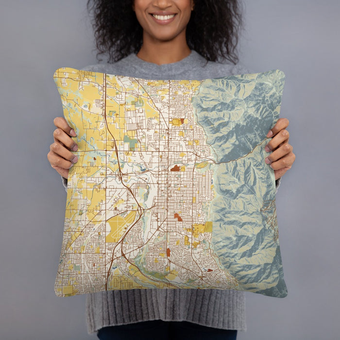 Person holding 18x18 Custom Ogden Utah Map Throw Pillow in Woodblock