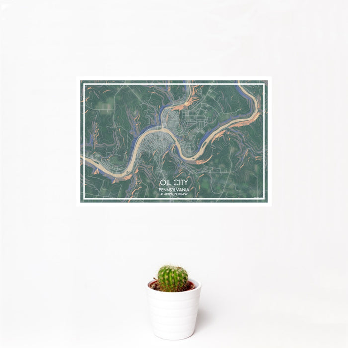 12x18 Oil City Pennsylvania Map Print Landscape Orientation in Afternoon Style With Small Cactus Plant in White Planter