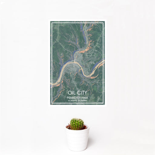 12x18 Oil City Pennsylvania Map Print Portrait Orientation in Afternoon Style With Small Cactus Plant in White Planter
